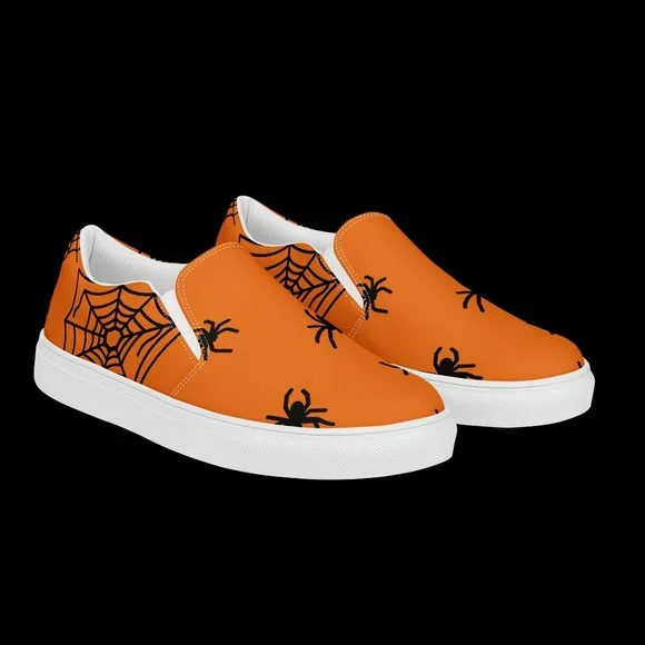 women's slip-on spider canvas shoes orange & black Halloween  fall spiderweb - Picture 11 of 14